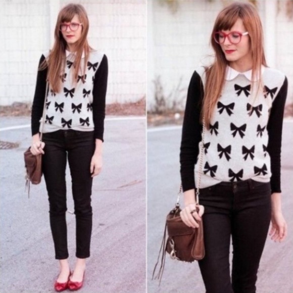 J. Crew Sweaters - J.Crew Take A Bow Women’s Pullover Crewneck Grey Black Bows Sweater Preppy Large